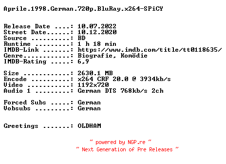 NFO for the release Aprile.1998.German.720p.BluRay.x264-SPiCY by SPiCY