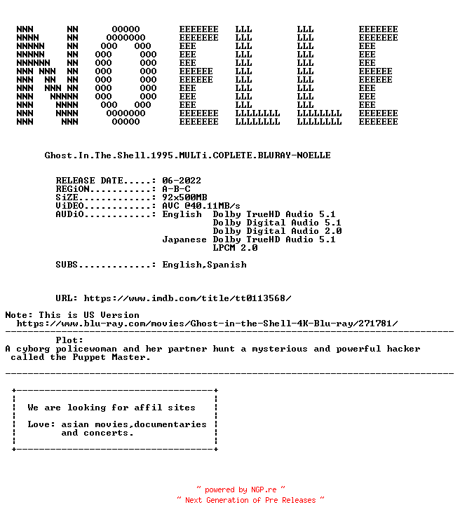 NFO for the release Ghost.In.The.Shell.1995.MULTi.COPLETE.BLURAY-NOELLE by NOELLE