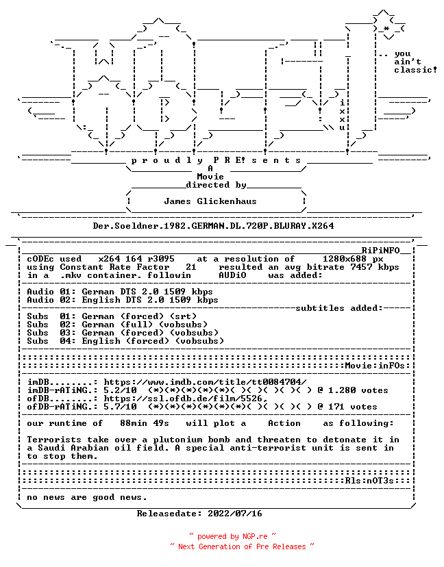 NFO for the release Der.Soeldner.1982.GERMAN.DL.720P.BLURAY.X264-WATCHABLE by WATCHABLE