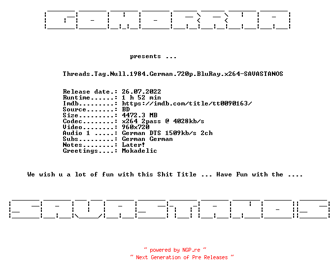 NFO for the release Threads.Tag.Null.1984.German.720p.BluRay.x264-SAVASTANOS by SAVASTANOS