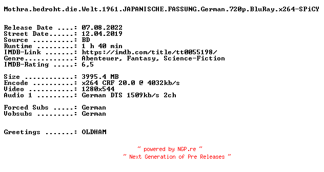 NFO for the release Mothra.bedroht.die.Welt.1961.JAPANISCHE.FASSUNG.German.720p.BluRay.x264-SPiCY by SPiCY
