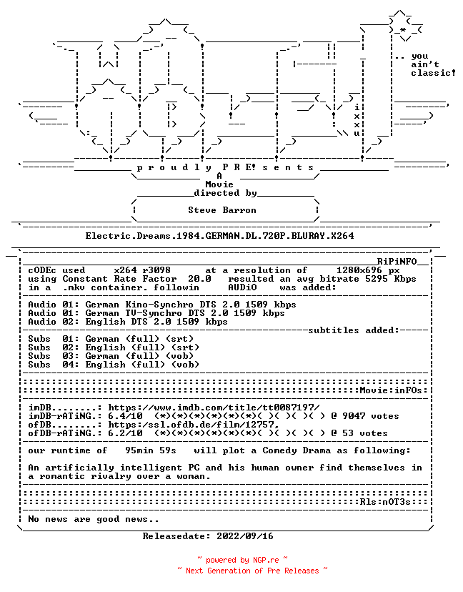 NFO for the release Electric.Dreams.1984.GERMAN.DL.720P.BLURAY.X264-WATCHABLE by WATCHABLE