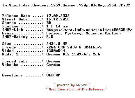 NFO for the release Im.Sumpf.des.Grauens.1959.German.720p.BluRay.x264-SPiCY by SPiCY