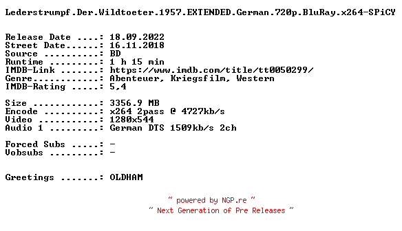 NFO for the release Lederstrumpf.Der.Wildtoeter.1957.EXTENDED.German.720p.BluRay.x264-SPiCY by SPiCY