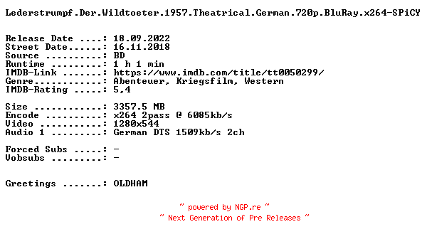 NFO for the release Lederstrumpf.Der.Wildtoeter.1957.Theatrical.German.720p.BluRay.x264-SPiCY by SPiCY