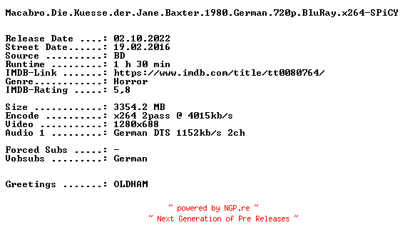 NFO for the release Macabro.Die.Kuesse.der.Jane.Baxter.1980.German.720p.BluRay.x264-SPiCY by SPiCY