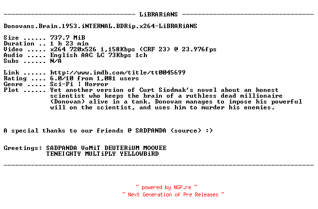 NFO for the release Donovans.Brain.1953.iNTERNAL.BDRip.x264-LiBRARiANS by LiBRARiANS