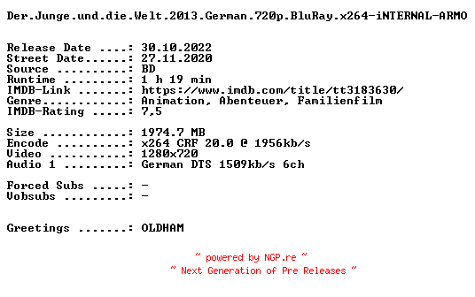 NFO for the release Der.Junge.und.die.Welt.2013.German.720p.BluRay.x264-iNTERNAL-ARMO by ARMO