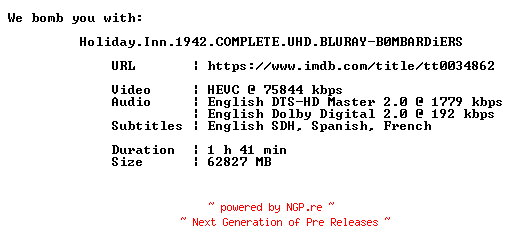 NFO for the release Holiday.Inn.1942.COMPLETE.UHD.BLURAY-B0MBARDiERS by B0MBARDiERS