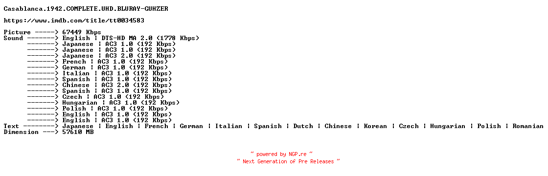 NFO for the release Casablanca.1942.COMPLETE.UHD.BLURAY-GUHZER by GUHZER