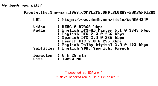 NFO for the release Frosty.the.Snowman.1969.COMPLETE.UHD.BLURAY-B0MBARDiERS by B0MBARDiERS