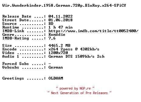 NFO for the release Wir.Wunderkinder.1958.German.720p.BluRay.x264-SPiCY by SPiCY