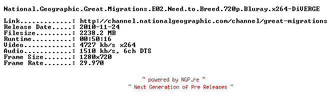 NFO for the release National.Geographic.Great.Migrations.E02.Need.to.Breed.720p.Bluray.x264-DiVERGE by DiVERGE