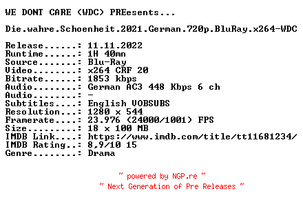 NFO for the release Die.wahre.Schoenheit.2021.German.720p.BluRay.x264-WDC by WDC