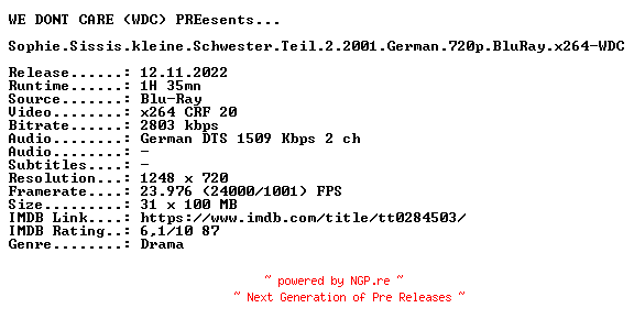NFO for the release Sophie.Sissis.kleine.Schwester.Teil.2.2001.German.720p.BluRay.x264-WDC by WDC
