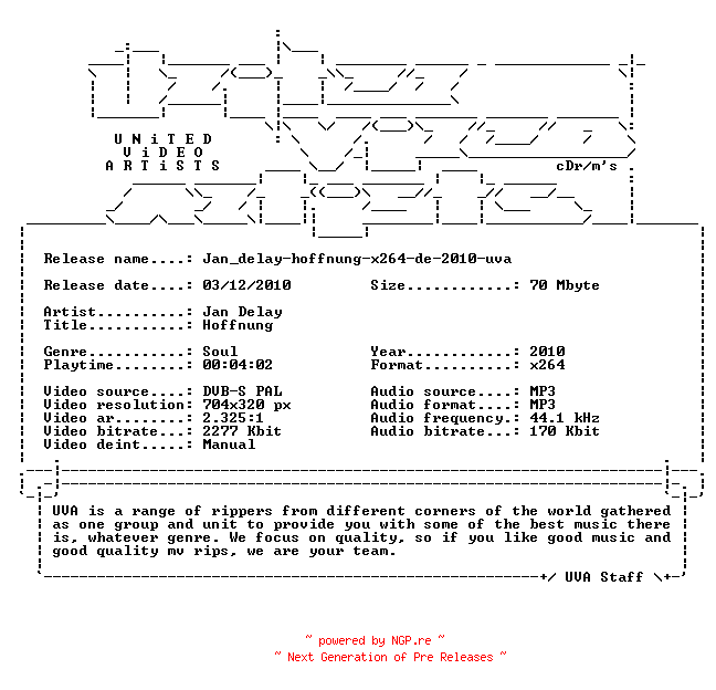 NFO for the release Jan_delay-hoffnung-x264-de-2010-uva by uva