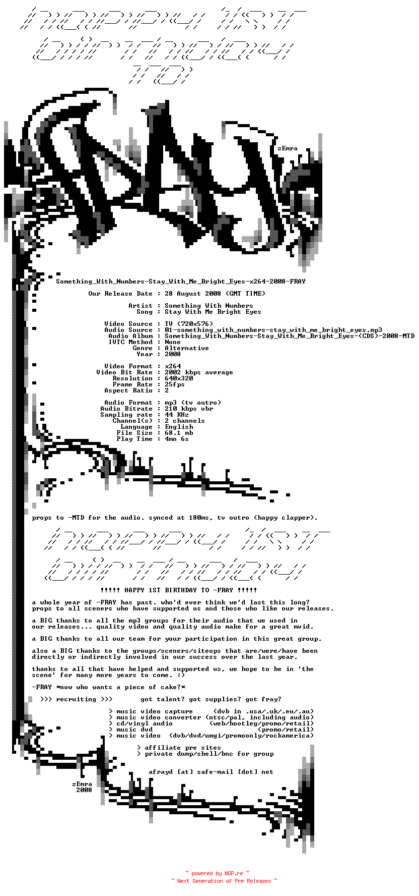 NFO for the release Something_With_Numbers-Stay_With_Me_Bright_Eyes-x264-2008-FRAY by FRAY