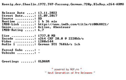 NFO for the release Koenig.der.Shaolin.1972.TVP-Fassung.German.720p.BluRay.x264-ARMO by ARMO