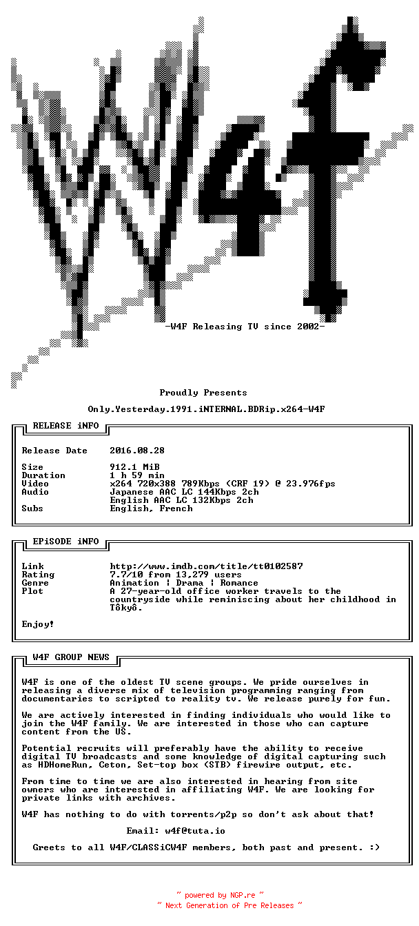 NFO for the release Only.Yesterday.1991.iNTERNAL.BDRip.x264-W4F by W4F