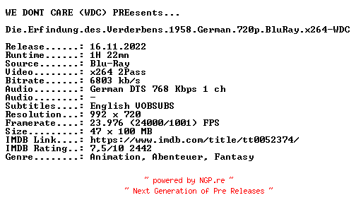 NFO for the release Die.Erfindung.des.Verderbens.1958.German.720p.BluRay.x264-WDC by WDC