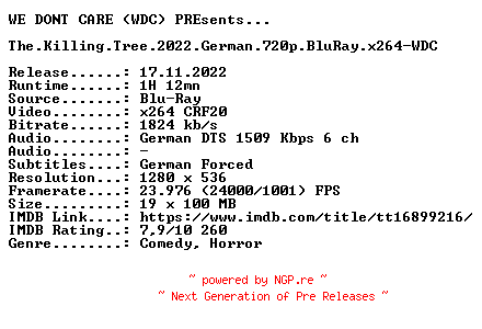 NFO for the release The.Killing.Tree.2022.German.720p.BluRay.x264-WDC by WDC