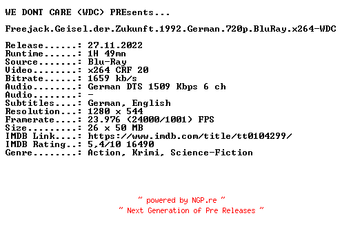 NFO for the release Freejack.Geisel.der.Zukunft.1992.German.720p.BluRay.x264-WDC by WDC