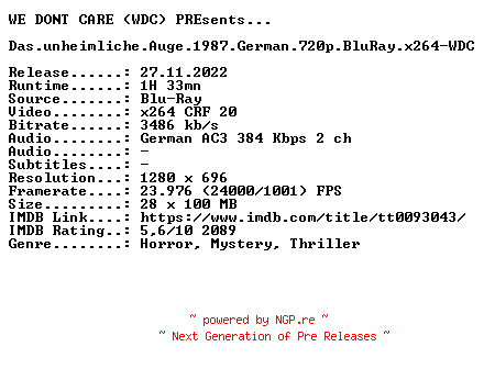 NFO for the release Das.unheimliche.Auge.1987.German.720p.BluRay.x264-WDC by WDC