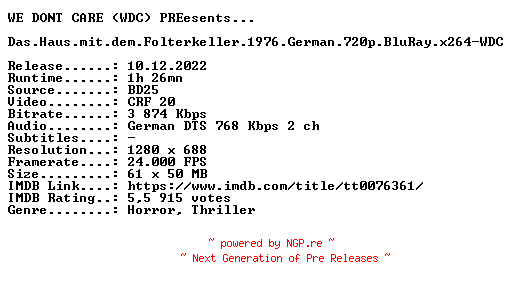 NFO for the release Das.Haus.mit.dem.Folterkeller.1976.German.720p.BluRay.x264-WDC by WDC