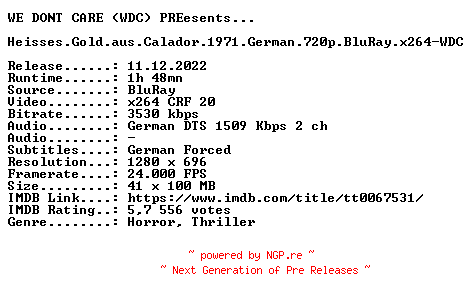 NFO for the release Heisses.Gold.aus.Calador.1971.German.720p.BluRay.x264-WDC by WDC