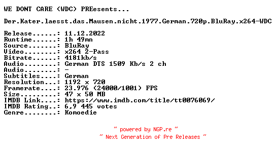 NFO for the release Der.Kater.laesst.das.Mausen.nicht.1977.German.720p.BluRay.x264-WDC by WDC