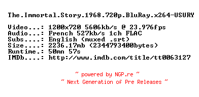 NFO for the release The.Immortal.Story.1968.720p.BluRay.x264-USURY by USURY