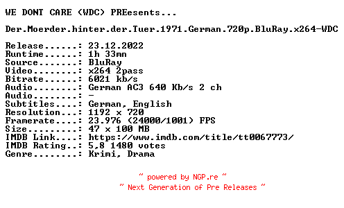 NFO for the release Der.Moerder.hinter.der.Tuer.1971.German.720p.BluRay.x264-WDC by WDC