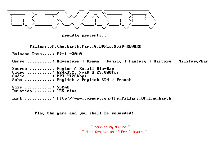 NFO for the release Pillars.of.the.Earth.Part.8.BDRip.XviD-REWARD by REWARD