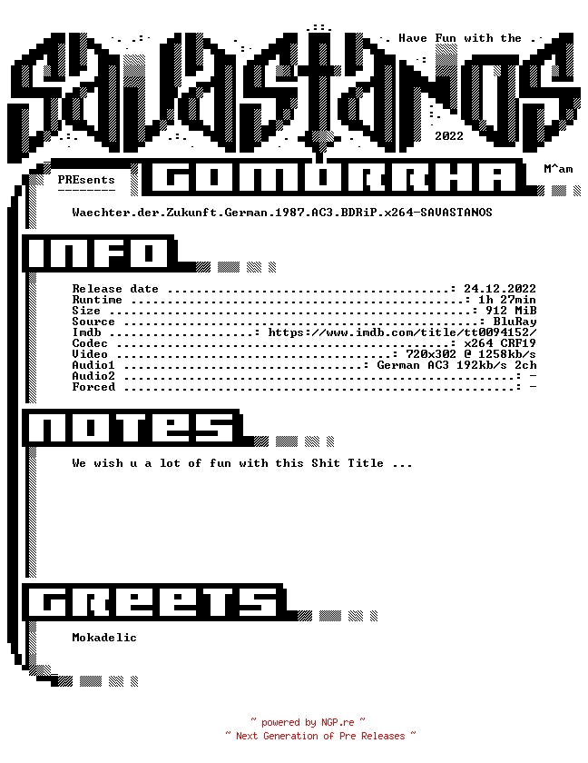 NFO for the release Waechter.der.Zukunft.German.1987.AC3.BDRiP.x264-SAVASTANOS by SAVASTANOS
