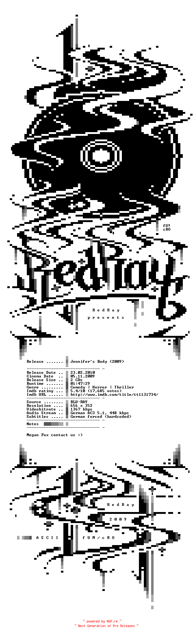NFO for the release Jennifers.Body.EXTENDED.German.AC3.BDRip.XviD-RedRay by RedRay