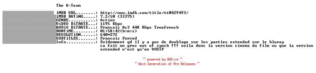NFO for the release The.A-Team.REPACK.2010.FRENCH.BDRiP.XViD-THENiGHTMARE by THENiGHTMARE