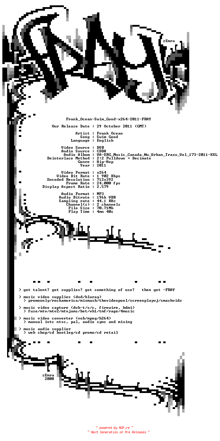NFO for the release Frank_Ocean-Swim_Good-x264-2011-FRAY by FRAY