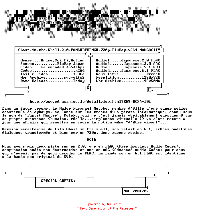 NFO for the release GHOST.IN.THE.SHELL.2.0.FANSUBFRENCH.720P.BLURAY.X264-MANGACITY by MANGACITY