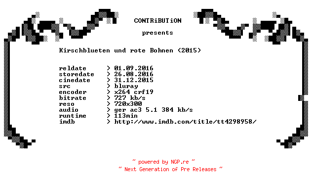 NFO for the release Kirschblueten.und.rote.Bohnen.2015.German.BDRip.x264-CONTRiBUTiON by CONTRiBUTiON