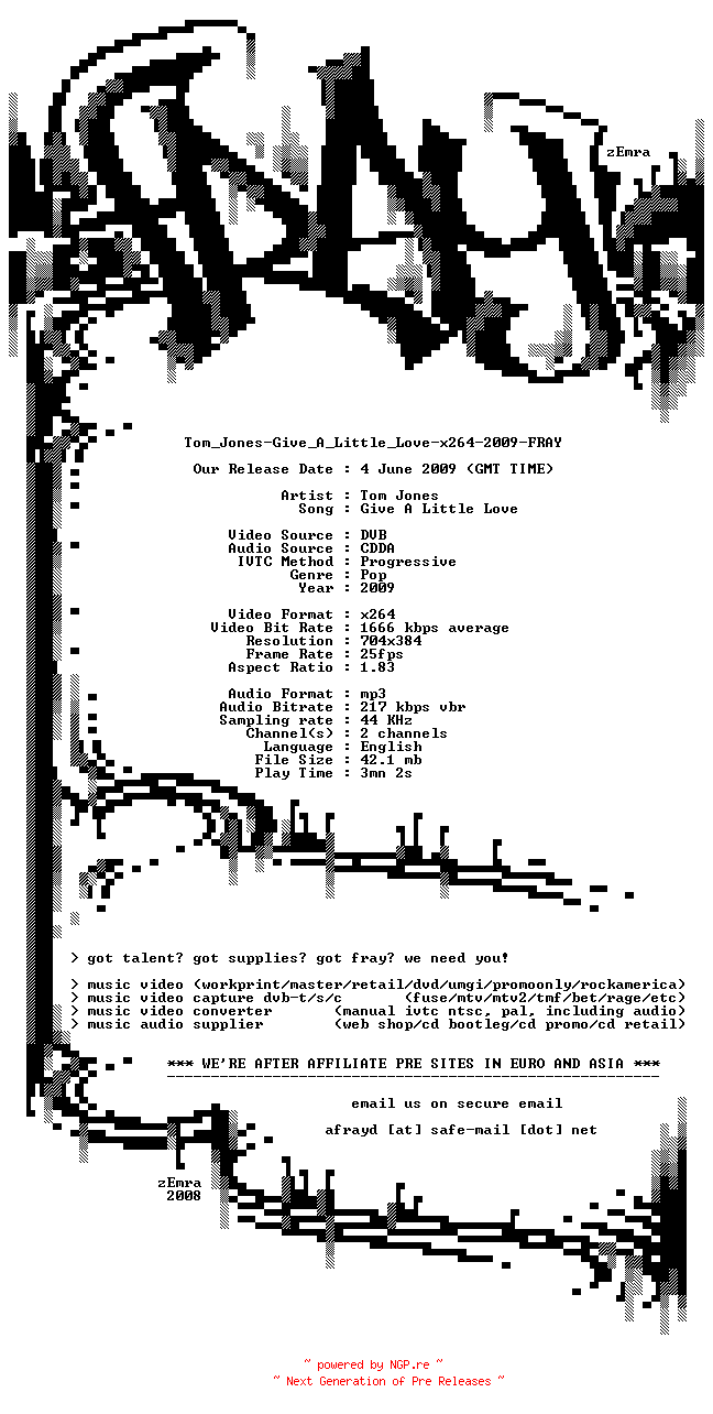 NFO for the release Tom_Jones-Give_A_Little_Love-x264-2009-FRAY by FRAY