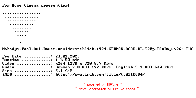 NFO for the release Nobodys.Fool.Auf.Dauer.unwiderstehlich.1994.GERMAN.AC3D.DL.720p.BluRay.x264-FHC by FHC