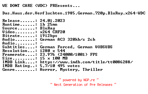 NFO for the release Das.Haus.der.Verfluchten.1985.German.720p.BluRay.x264-WDC by WDC