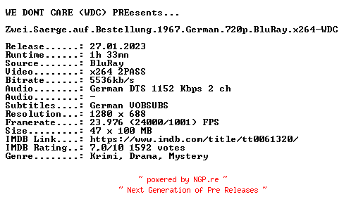 NFO for the release Zwei.Saerge.auf.Bestellung.1967.German.720p.BluRay.x264-WDC by WDC