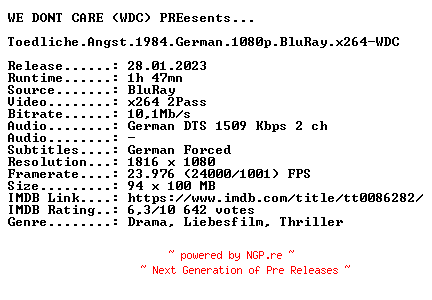 NFO for the release Toedliche.Angst.1984.German.720p.BluRay.x264-WDC by WDC
