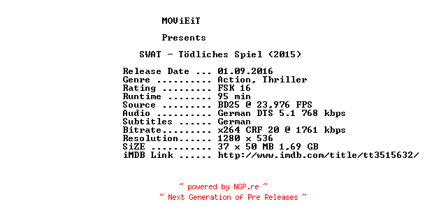 NFO for the release SWAT.Toedliches.Spiel.2015.GERMAN.720p.BluRay.x264-MOViEiT by MOViEiT