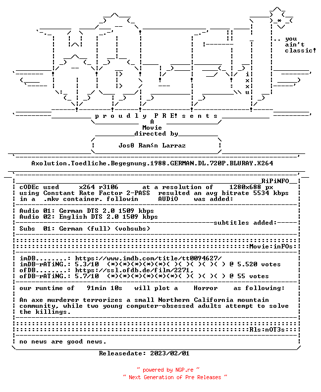 NFO for the release Axolution.Toedliche.Begegnung.1988.GERMAN.DL.720P.BLURAY.X264-WATCHABLE by WATCHABLE
