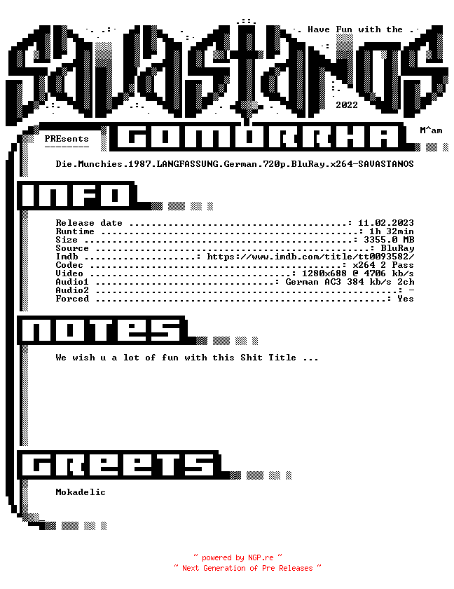 NFO for the release Die.Munchies.1987.LANGFASSUNG.German.720p.BluRay.x264-SAVASTANOS by SAVASTANOS