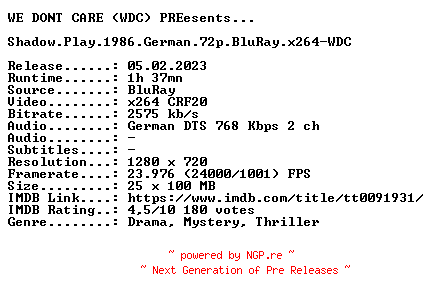 NFO for the release Shadow.Play.1986.German.720p.BluRay.x264-WDC by WDC
