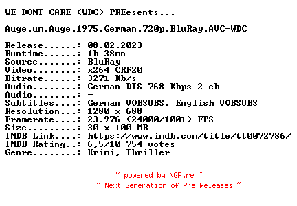 NFO for the release Auge.um.Auge.1975.German.720p.BluRay.x264-WDC by WDC