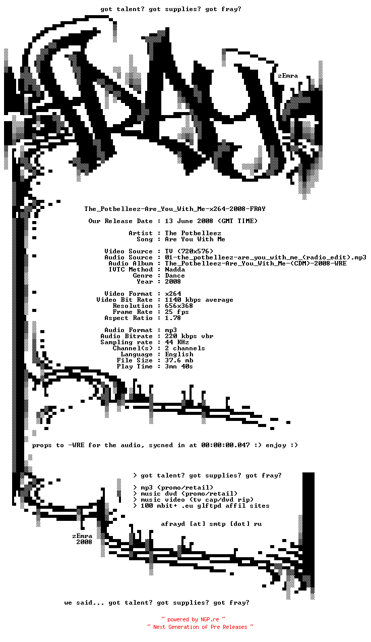 NFO for the release The_Potbelleez-Are_You_With_Me-x264-2008-FRAY by FRAY